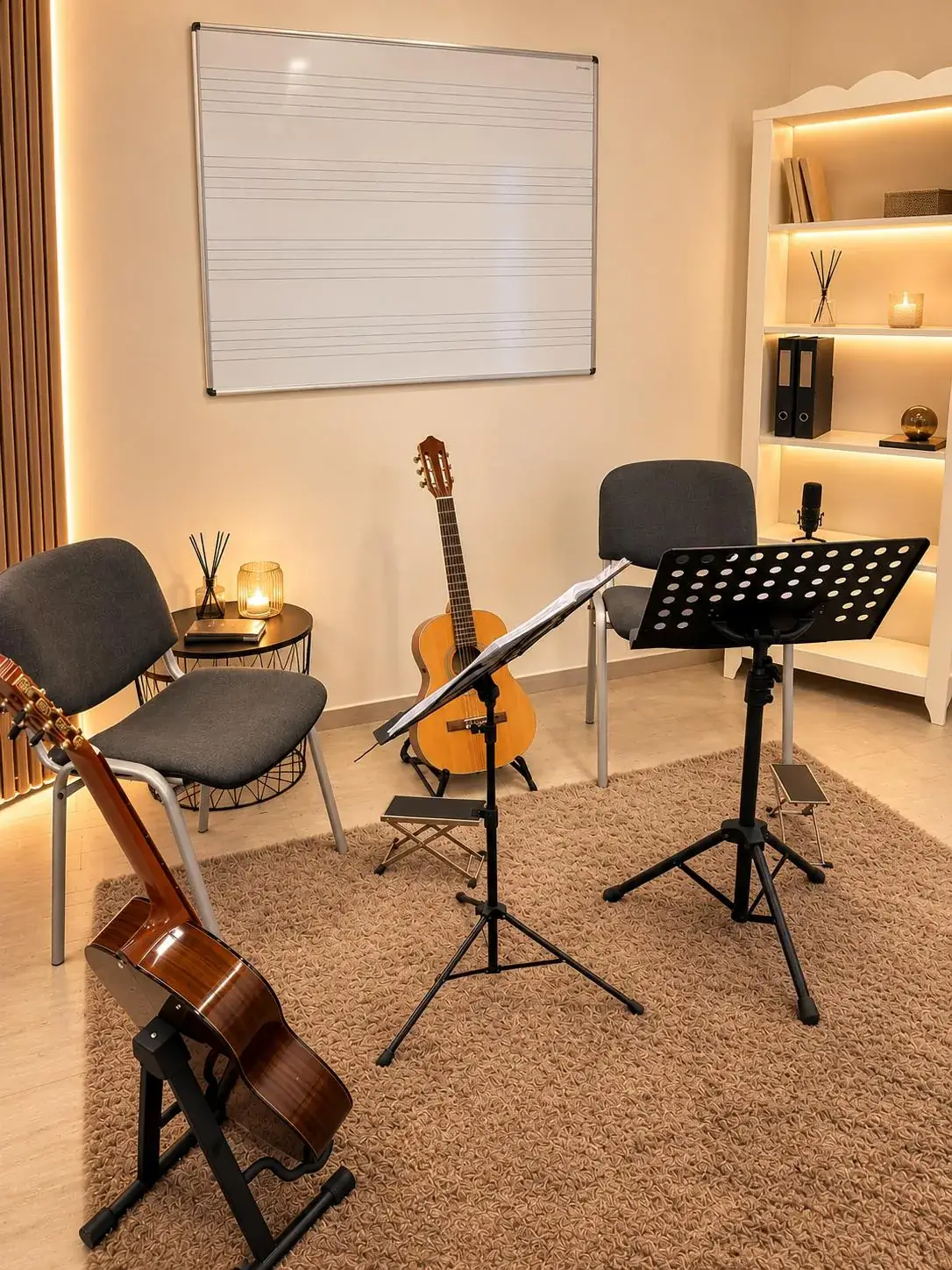 Gitarrenraum mit Notentafel und Notenständern