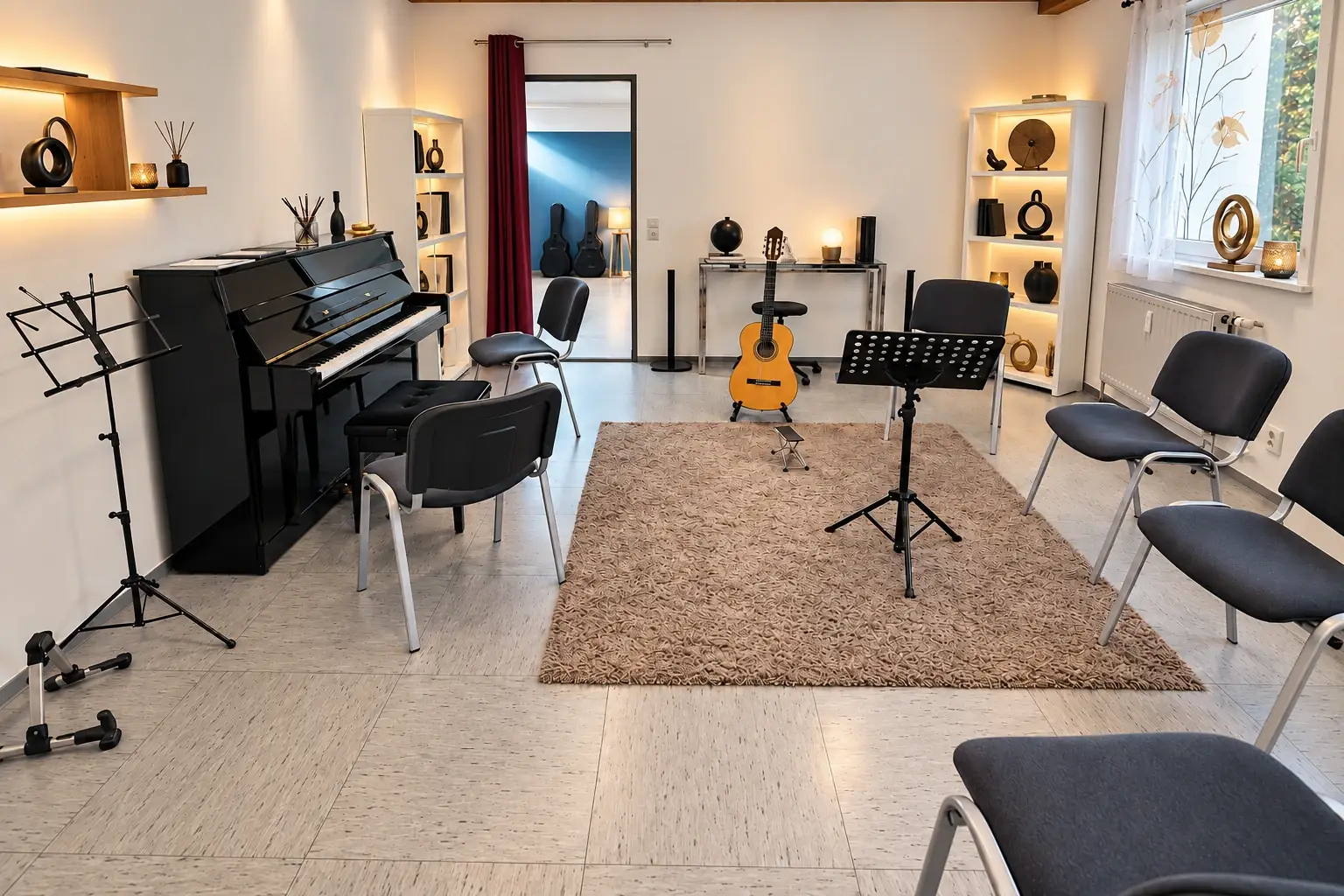 Großer Unterrichtsraum in Schwaig mit Klavier, Gitarre und Stühlen