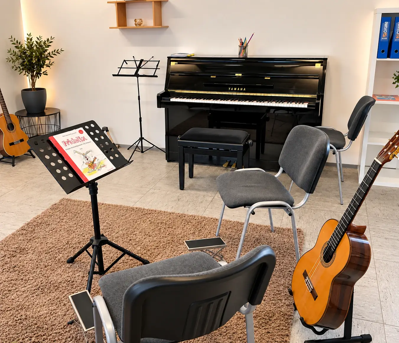 Unterrichtsraum der Musikschule in Schwaig mit Klavier, Notenständer und Gitarren