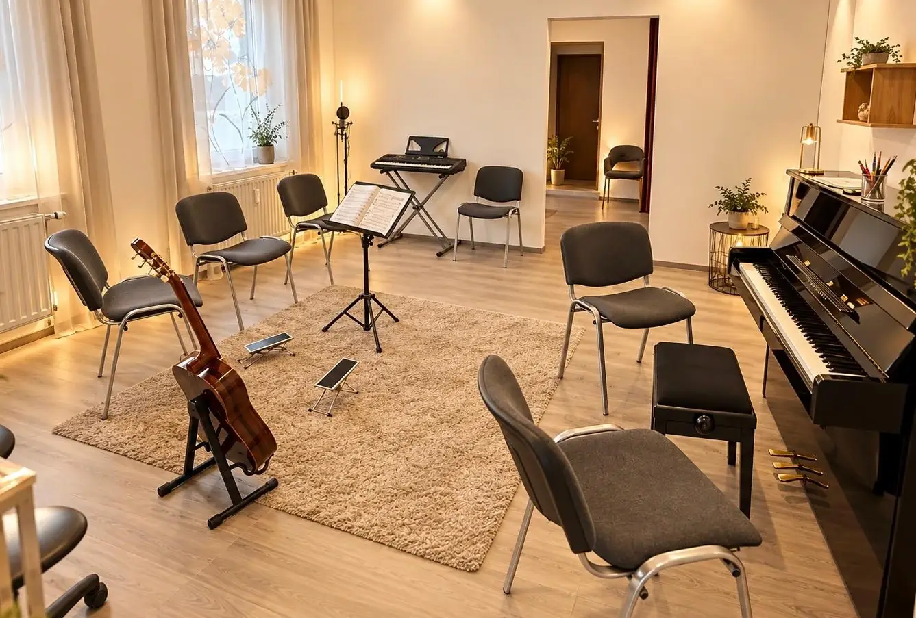Unterrichtsraum mit Klavier, Keyboard und Notenständer